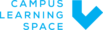 Logo campus learning space z niebieską figurą z prawej strony i napisem campus learning space z lewej